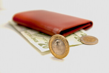 Leather wallet and money on a white background.