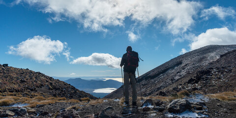 Hiking northern slope of Tongariro Alpine Crossing, Lake Rotoaira and Lake Taupo in the distance.