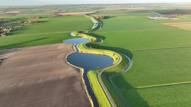 Westfriese Dijk 2 - Dike North-Holland spring season - Stabilized droneview in 4k