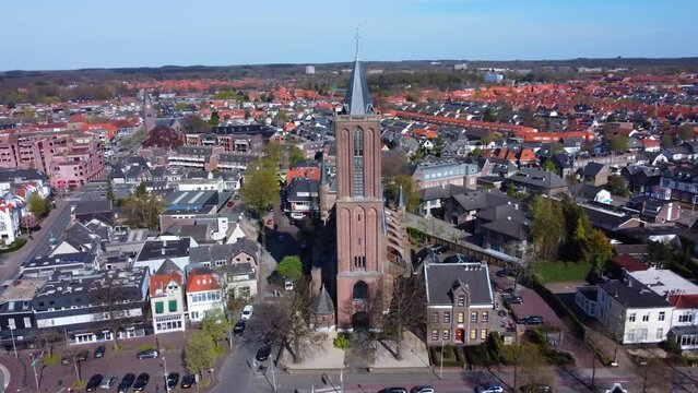 circling flight around the Wilhelmina Church in Bussum in the Netherlands