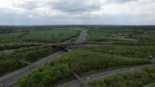junction of the M25 motorway with the M1 motorway UK drone aerial view