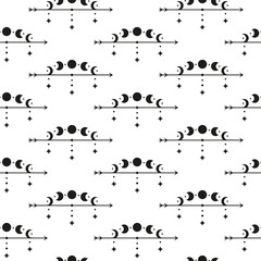 Boho seamless pattern with arrows, moon phases, stars.