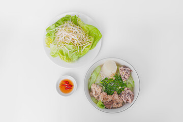 Bun Moc, Rice noodle soup with pork ball, Vietnamese food isolated on white background, top view