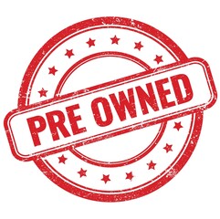 PRE OWNED text on red grungy round rubber stamp.