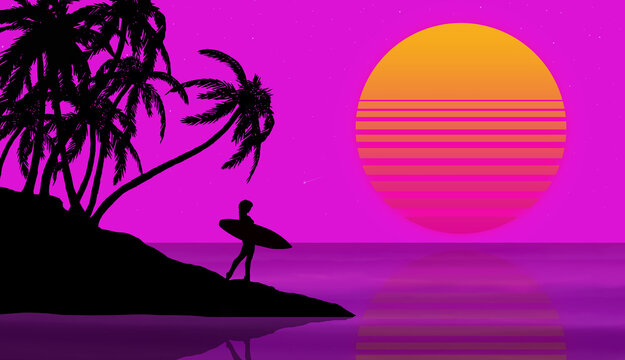 silhouette of a woman with a surfboard on the shore with palm trees against the background of the sea and the evening sun in retrowave style