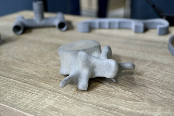 Prototype human spine bone printed on 3D printer. Model printed on 3D printer made of plastic...