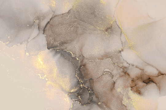 Art Abstract smoke painting blots horizontal copy space background. Alcohol ink beige and gold colors. Marble texture. © Liliia
