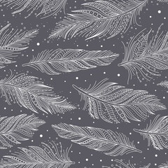 Gray and white feathers pattern hand drawn art