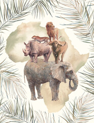 Big african five animals poster. Watercolor illustration with safari fauna. Wild life artwork