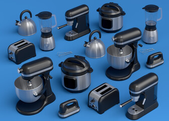 Electric kitchen appliances and utensils for making breakfast on blue background