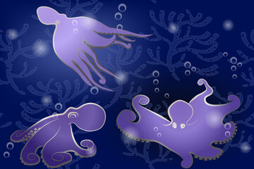Luxury navy blue and silver octopuses on dark background - vector pattern
