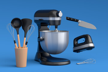 Mixer and hand mixer with kitchen utensil for preparation of dough on blue