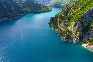 Obraz premium Montenegro. Durmitor National Park. Pivo lake. Canyon of the Tara River. Aerial view. Intense water color