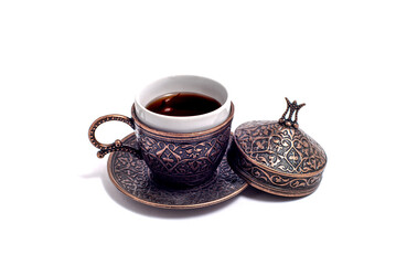 traditional small copper Turkish cup for strong black coffee