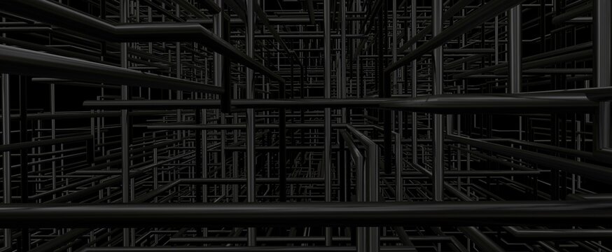 Dark gas and water pipes. Industrial 3d render of plexus fuel and energy supply systems. Labyrinth of metal and cast iron pipelines and pumps
