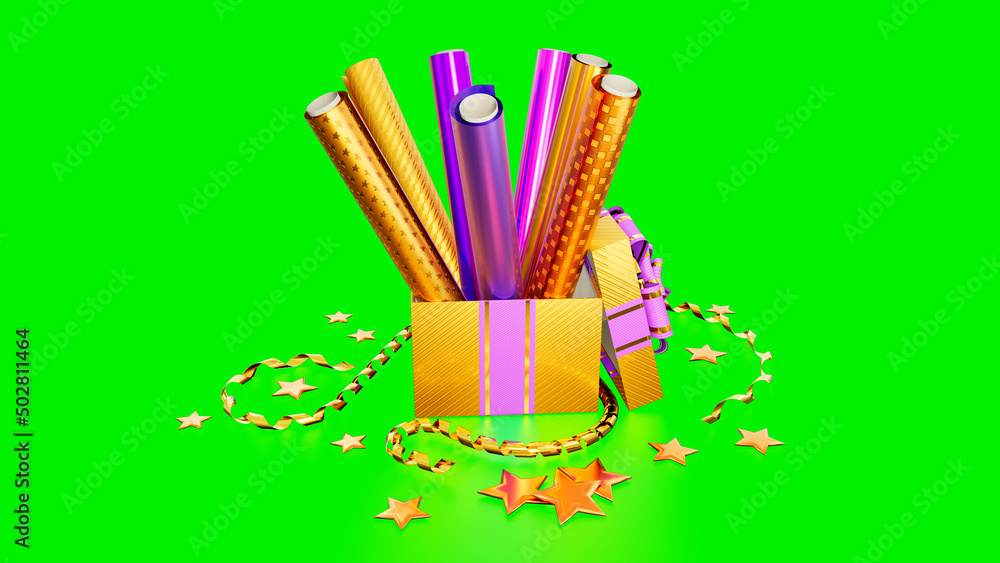 Poster gift wrapping and giftbox on green screen, isolated - object 3d rendering