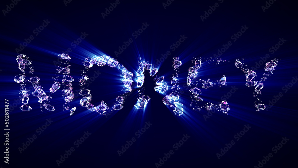 Aufkleber money - text of diamonds with blue light rays, isolated - object 3d rendering