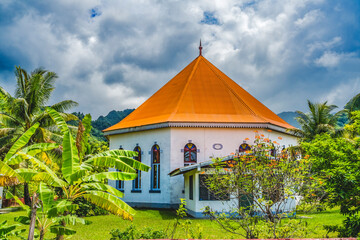 Colorful Garden Papetoai Temple Protestant Church Moorea Tahiti - obrazy, fototapety, plakaty