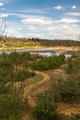 Landscape with the lake and trees under blue sky in the spring