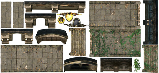 A constructor with various elements for creating maps for the board game dungeons and dragons, it has walls, doors, lights and old tiles. 3d rendering