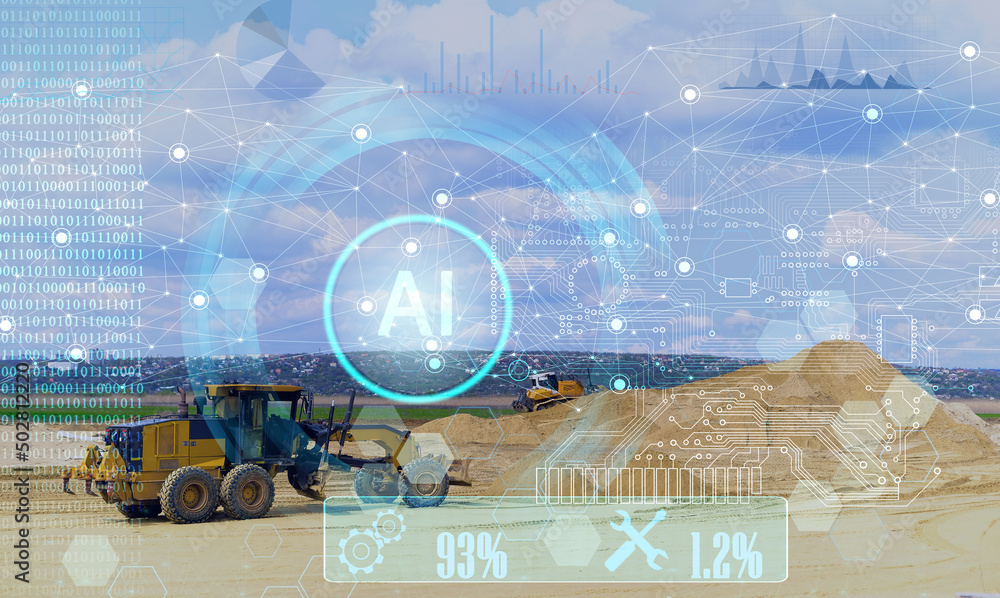 Poster the concept of automatic construction without human intervention with the help of artificial intelligence, data analysis to optimize the process of building a highway