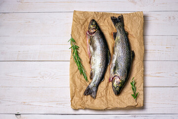Raw fish, trout on craft paper on white wooden table. Top view, flat lay with copy space.