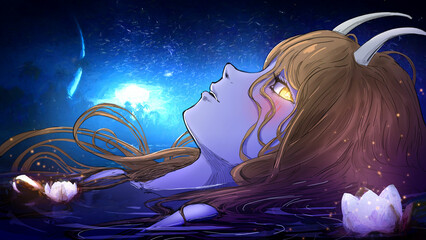A cute reddened demon girl with purple skin, white horns and yellow snake eyes lies in the water of a night lake in the light of a full moon with white lotuses and playfully looks on you. 2d anime art