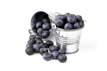 Ripe blueberry in metal bucket on white background.