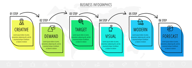 Vector infographics. Modern business timeline template with six steps and arrows. Graphic timeline for app, website, interface, chart, levels, web, diagram, banner, presentations.