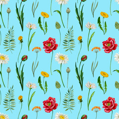 seamless watercolor pattern with meadow flowers