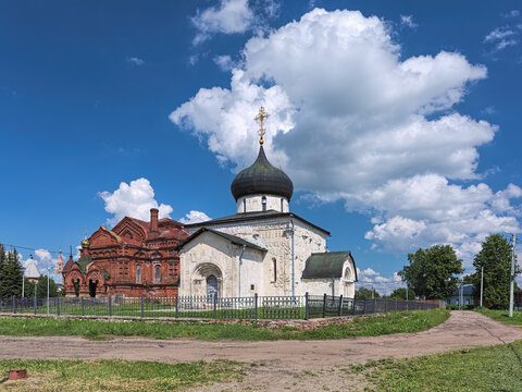 Yuryev-Polsky, Russia. St George Cathedral, and Trinity Cathedral without dome behind it. The St George Cathedral was built in 1230-1234. The Trinity Cathedral was built in 1907-1914.