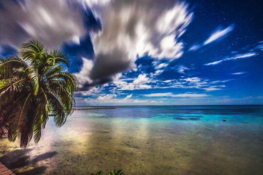 Moonlight Stars Clouds Night Reflection Blue Water Moorea Tahiti