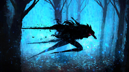 A deadly swift werewolf girl with two swords in the skin of a wolf with a predator mask rushes on an inhuman supernatural stealth through the night misty forest with glowing scarlet eyes. 2d blob art