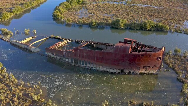 Ghost ship abandoned rotting boat in shipwreck graveyard in Adelaide, Australia