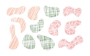 Abstract shapes with chaotic lines inside. Pastel hand drawn elements to create stylish and trendy modern design. Decorative vector isolated freeforms set in pastel colors.