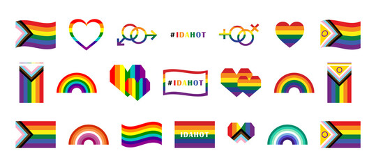 Fototapeta Icons set for International LGBT Pride Day. International Day Against Homophobia Transphobia and Biphobia. LGBT Pride Month illustrations LGBTQ community concept. Rainbow flags, hearts, IDAHOT concept obraz