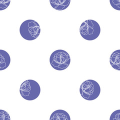 Polka dot seamless pattern with linear peony flowers from white outlines on a very peri backgrounds. Dotted print with garden plants. Vector contour graphics in floral style for textile, fabric, paper