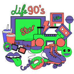 set with symbols of the 90s in a flat style on a white background