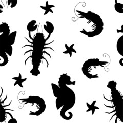 Monochrome sea pattern with black and white marine life, crayfish, shrimp, seahorses, starfish. Vector seamless pattern on a white background