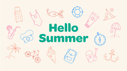 Bannière web sur le thème de l'été avec des pictogrammes, icones colorés et le message "Hello summer"