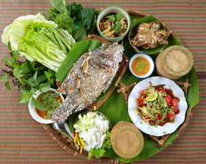 Isan food is delicious, Thailand food, Top view, Warm color tone