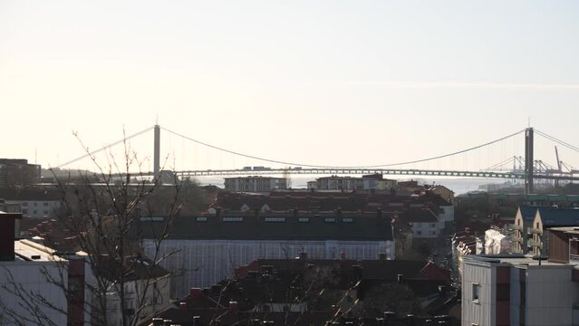 Alvsborg Bridge at Sunset, Landmark in Central Gothenburg, Sweden, Panning