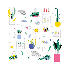 Set of vector plant and gardening illustrations. Happy and playful. Patterns, weather, temperature icons. Isolated objects.