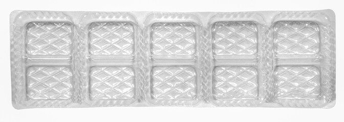 Clear plastic shipping tray on white background.