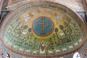Fototapeta na wymiar Early Christian mosaics in the apse of the Basilica of Sant'Apollinare in Classe