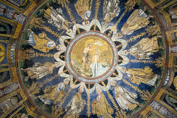 Fototapeta na wymiar Ceiling mosaic in the Baptistery of Neon, with John the Baptist and Jesus, Ravenna, Italy