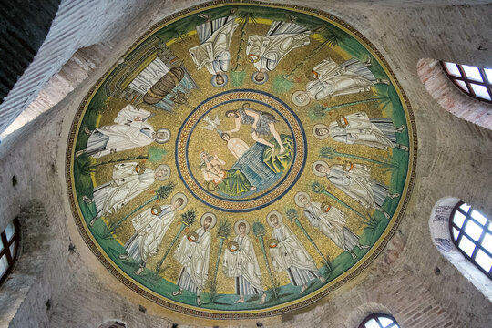The ceiling mosaic of the Arian Baptistery in Ravenna, built at the end of the 5th century and the beginning of the 6th century A.D.