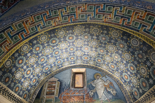 The interior of the Mausoleum of Galla Placidia in Ravenna. It is one of the UNESCO World Heritage sites in Ravenna.