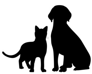cat and dog black silhouette, on white background, isolated, vector