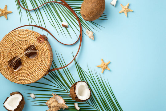 Summer concept. Top view photo of sunglasses on rattan handbag coconuts starfishes shells and palm leaves on isolated pastel blue background